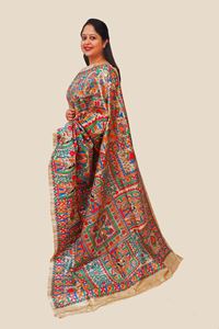 Picture of GHICHA TUSSAR SILK HAND PAINTED MADHUBANI ARTWORK SAREE
