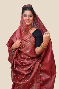 Picture of REDISH BROWN KANTHA STITCHED TUSSAR SILK SAREE