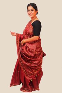 Picture of REDISH BROWN KANTHA STITCHED TUSSAR SILK SAREE
