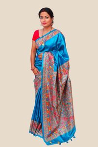 Picture of SOLID-BLUE REFINE TUSSAR HAND-PAINTED SAREE