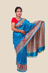 Picture of SOLID-BLUE REFINE TUSSAR HAND-PAINTED SAREE