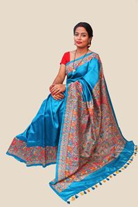 Picture of SOLID-BLUE REFINE TUSSAR HAND-PAINTED SAREE