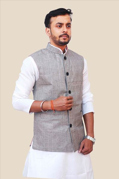 Picture of Linen Natural Grey Solid Nehru Bandi for Men