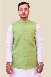 Picture of Pure Khadi Solid Green Nehru Bandi for Men