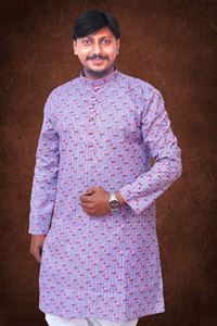 Picture of Floral Lavender Floral Print Khadi Cotton Kurta for Men