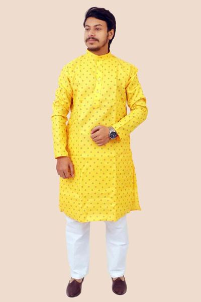 Picture of Bihar Khadi Yellow Printed Cotton Kurta