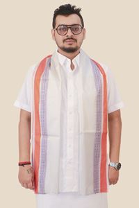 Picture of Bihar Khadi White Angawastram with Red and Blue border