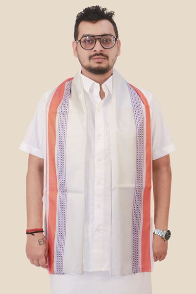 Picture of Bihar Khadi White Angawastram with Red and Blue border