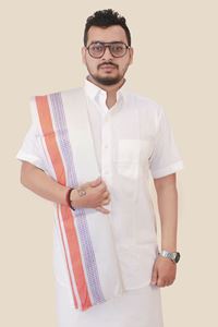 Picture of Bihar Khadi White Angawastram with Red and Blue border