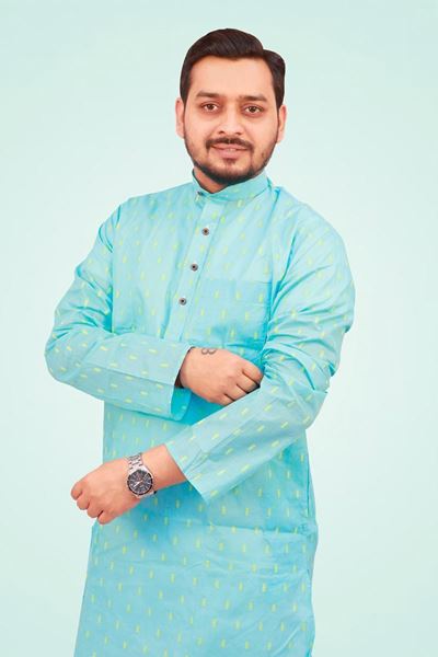 Picture of Stylish Cotton Blend Men's Kurta for Casual Elegance in Sky Blue Color