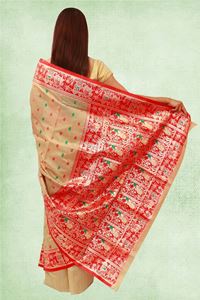 Picture of Bihar Khadi Raw Slik Saree in Golden color with Red border and pallu