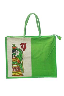 Picture of Bihar Khadi Madhubani Painting Jute Bag in Green Color