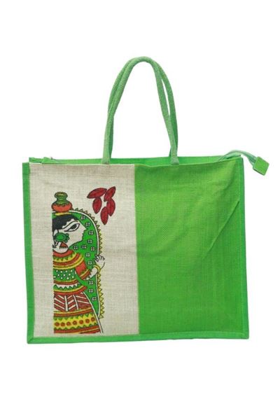 Picture of Bihar Khadi Madhubani Painting Jute Bag in Green Color
