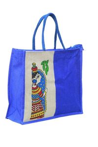Picture of Bihar Khadi Madhubani Painting Jute Bag in Blue Color