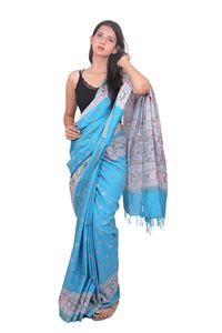 Picture of Sky Blue Color Madhubani Painting Print Saree