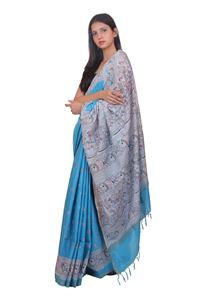 Picture of Sky Blue Color Madhubani Painting Print Saree