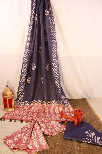 Picture of Unstitched Batik Khadi Cotton Salwar Suit Piece Material in Navy Blue Color