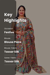 Picture of GHICHA TUSSAR SILK HAND PAINTED MADHUBANI ARTWORK SAREE