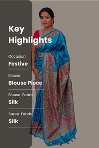Picture of SOLID-BLUE REFINE TUSSAR HAND-PAINTED SAREE