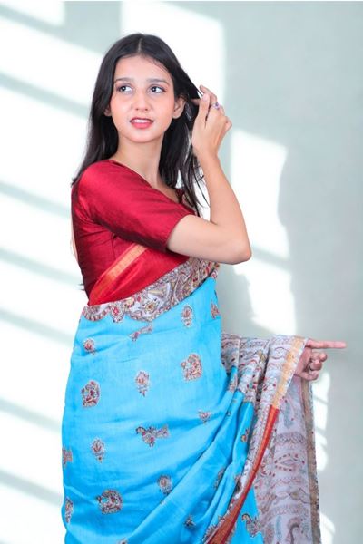 Picture of Sky Blue Color Madhubani Painting Print Saree