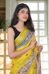 Picture of Yellow Color Madhubani Painting Print Saree