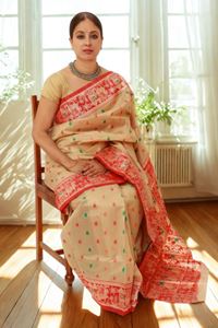 Picture of Bihar Khadi Raw Slik Saree in Golden color with Red border and pallu