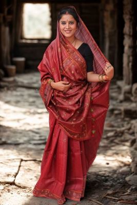 Picture of REDISH BROWN KANTHA STITCHED TUSSAR SILK SAREE