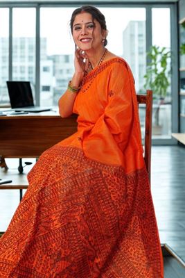 Picture of Hand Woven Katiya Tussar Saree with  hand-painted Madhubani artwork