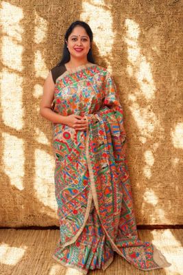 Picture of GHICHA TUSSAR SILK HAND PAINTED MADHUBANI ARTWORK SAREE
