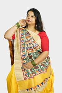 Picture of Bihar Khadi Ghicha Silk Yellow Saree with Handpainted Madhubani Art