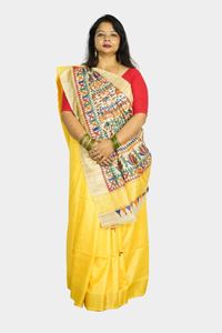 Picture of Bihar Khadi Ghicha Silk Yellow Saree with Handpainted Madhubani Art