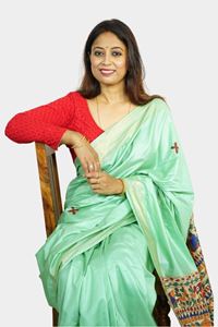 Picture of Bihar Khadi Ghicha Silk Mint Green Saree with Handpainted Madhubani Art