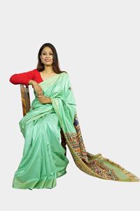 Picture of Bihar Khadi Ghicha Silk Mint Green Saree with Handpainted Madhubani Art