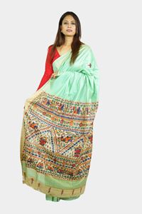 Picture of Bihar Khadi Ghicha Silk Mint Green Saree with Handpainted Madhubani Art