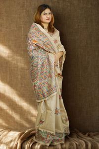 Picture of Bihar Khadi Raw Silk Natural Color Saree with Handpainted Madhubani Art