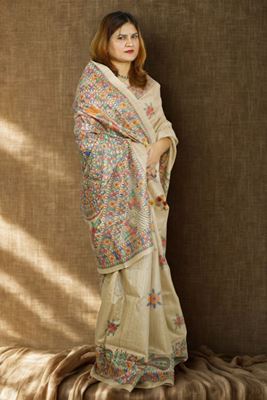 Picture of Bihar Khadi Raw Silk Natural Color Saree with Handpainted Madhubani Art