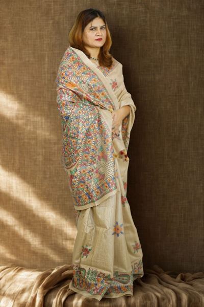 Picture of Bihar Khadi Raw Silk Natural Color Saree with Handpainted Madhubani Art