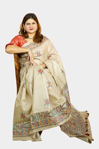 Picture of Bihar Khadi Raw Silk Natural Color Saree with Handpainted Madhubani Art