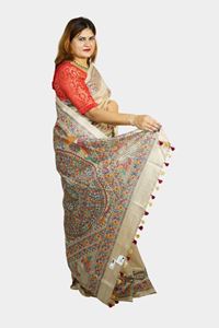 Picture of Bihar Khadi Raw Silk Natural Color Saree with Handpainted Madhubani Art