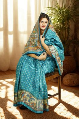 Picture of Bihar Khadi Tussar Silk Turquoise Saree with Handpainted Madhubani Art
