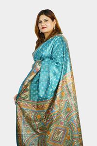 Picture of Bihar Khadi Tussar Silk Turquoise Saree with Handpainted Madhubani Art