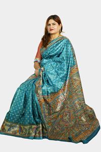 Picture of Bihar Khadi Tussar Silk Turquoise Saree with Handpainted Madhubani Art