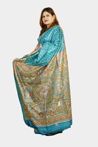 Picture of Bihar Khadi Tussar Silk Turquoise Saree with Handpainted Madhubani Art