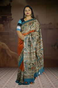 Picture of Bihar Khadi Tussar Silk Rustic Red Saree with Digital Madhubani Art