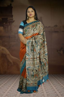 Picture of Bihar Khadi Tussar Silk Rustic Red Saree with Digital Madhubani Art