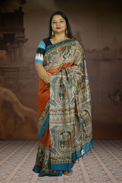 Picture of Bihar Khadi Tussar Silk Rustic Red Saree with Digital Madhubani Art