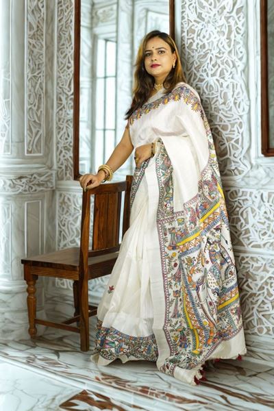 Picture of Bihar Khadi Raw Silk White Saree with Handpainted Madhubani Art
