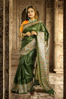 Picture of Bihar Khadi Tussar Ghicha Silk Olive Green Saree with Handpainted Madhubani Art
