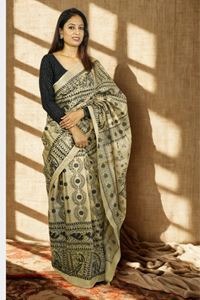 Picture of Bihar Khadi Tussar Silk Saree in Natural Color with Handpainted Madhubani Art