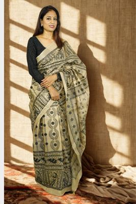 Picture of Bihar Khadi Tussar Silk Saree in Natural Color with Handpainted Madhubani Art